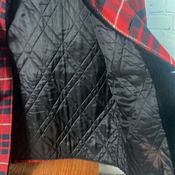 VINTAGE 50s Pendleton Tartan Plaid Faux Fur Collared Wool Car Coat red - Picture 9 of 14